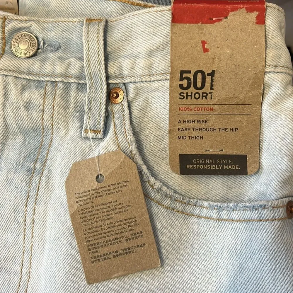 NWT Levi's 90's 501 Distressed High Rise Button Fly Denim Short in light wash 24